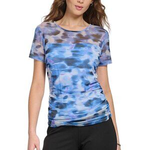 Women's DKNY Short Sleeve Blue Abstract Print Mesh Top Size: L